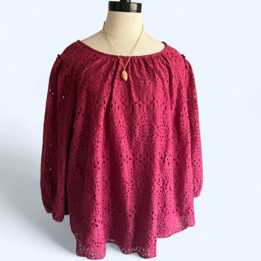 LC Lauren Conrad Women Plus 1X Magenta Pink Eyelet Lace Puff Sleeve Blouse Top